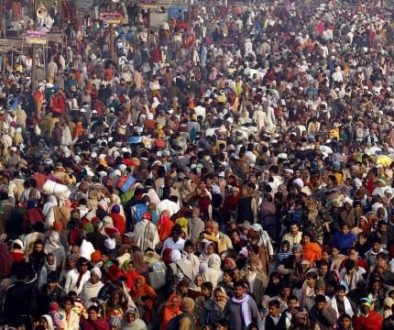 lllustration showing the history of human population growth from early hunter-gatherer societies to modern-day billions.